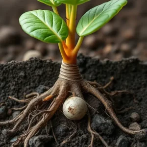 Photo d'une plante dans la terre avec un bulbe apparent